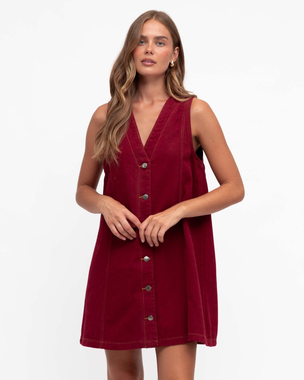 Gina Button Front Denim Dress | Red