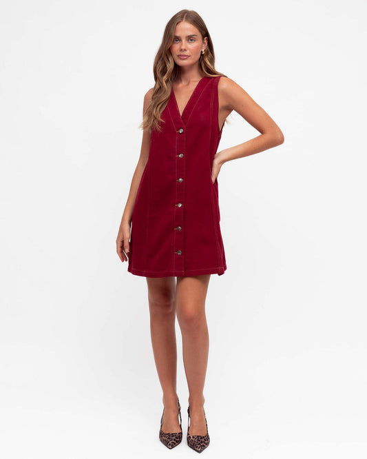 Gina Button Front Denim Dress | Red