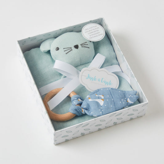 Misty Blue Muslin Comforter Blanket & Wooden Teether