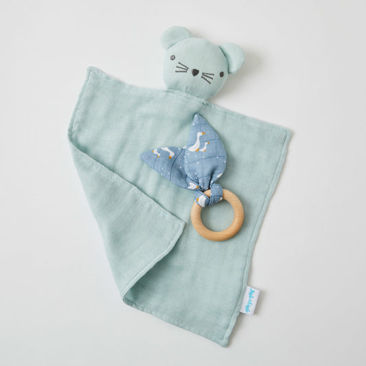 Misty Blue Muslin Comforter Blanket & Wooden Teether